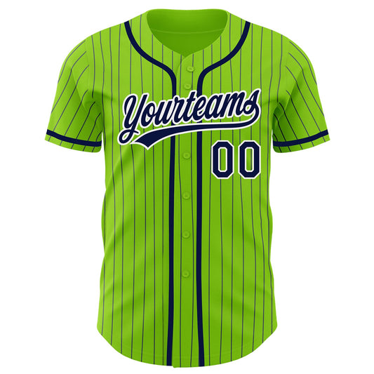 Custom Neon Green Navy Pinstripe White Authentic Baseball Jersey - Sky-Custom