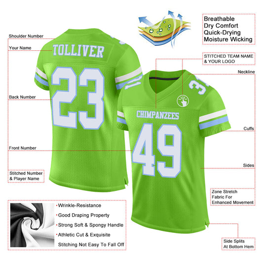 Custom Neon Green White-Light Blue Mesh Authentic Football Jersey - Sky-Custom