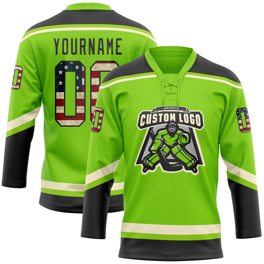 Custom Neon Green Vintage USA Flag Black-Cream Hockey Lace Neck Jersey - Sky-Custom