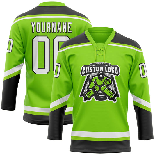 Custom Neon Green White-Black Hockey Lace Neck Jersey - Sky-Custom