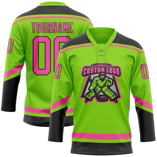 Custom Neon Green Pink-Black Hockey Lace Neck Jersey - Sky-Custom