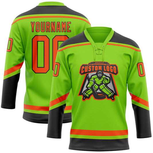 Custom Neon Green Orange-Black Hockey Lace Neck Jersey - Sky-Custom