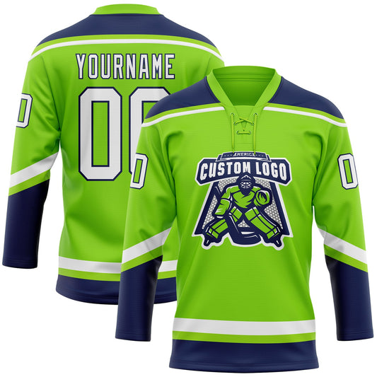 Custom Neon Green White-Navy Hockey Lace Neck Jersey - Sky-Custom