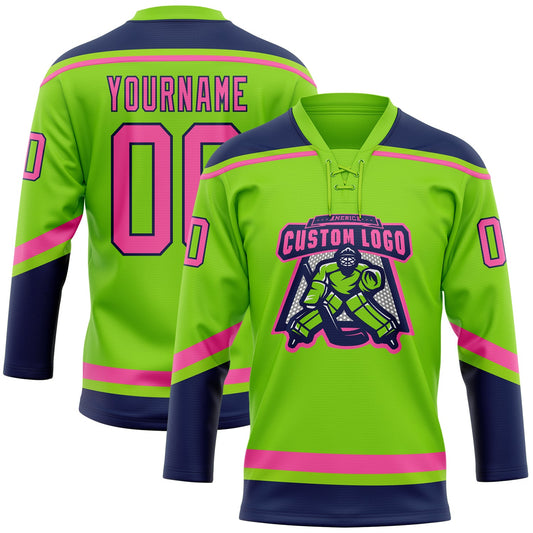 Custom Neon Green Pink-Navy Hockey Lace Neck Jersey - Sky-Custom