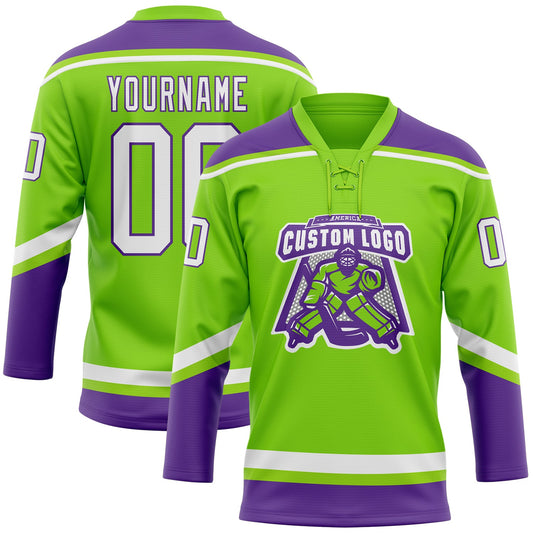 Custom Neon Green White-Purple Hockey Lace Neck Jersey - Sky-Custom