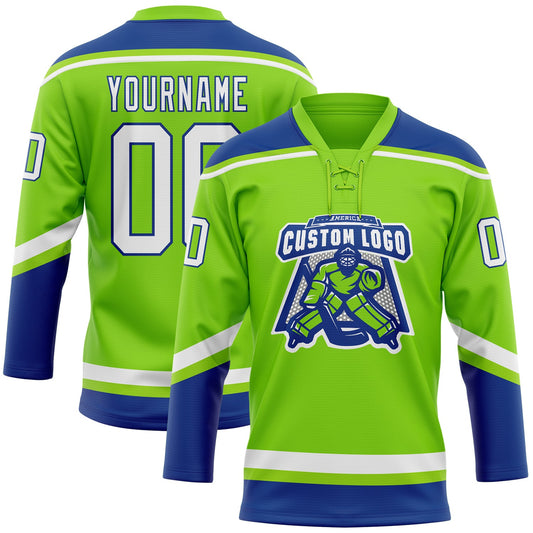 Custom Neon Green White-Royal Hockey Lace Neck Jersey - Sky-Custom