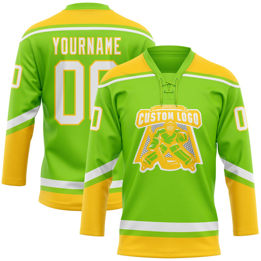 Custom Neon Green White-Yellow Hockey Lace Neck Jersey - Sky-Custom