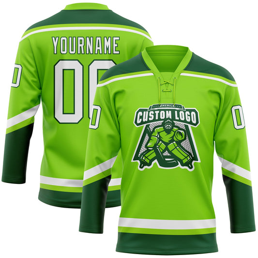 Custom Neon Green White-Green Hockey Lace Neck Jersey - Sky-Custom