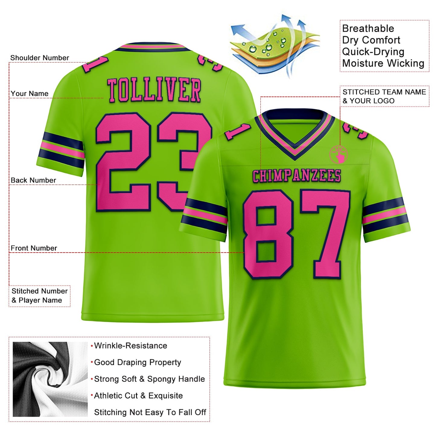 Custom Neon Green Pink-Navy Mesh Authentic Football Jersey - Sky-Custom