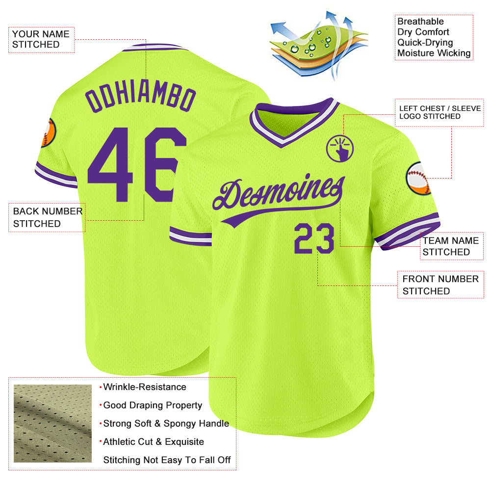 Custom Neon Green Purple-White Authentic Throwback Baseball Jersey - Sky-Custom