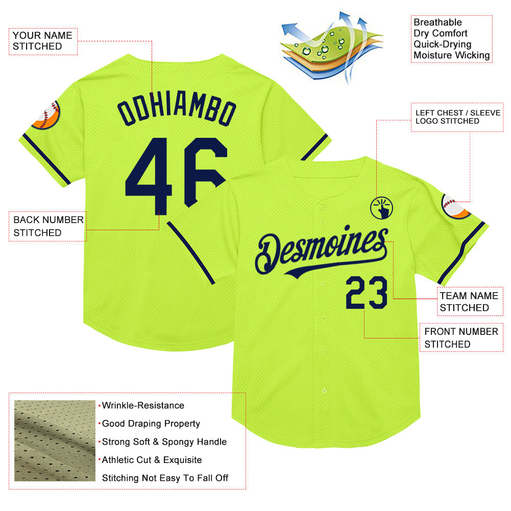 Custom Neon Green Navy Mesh Authentic Throwback Baseball Jersey - Sky-Custom