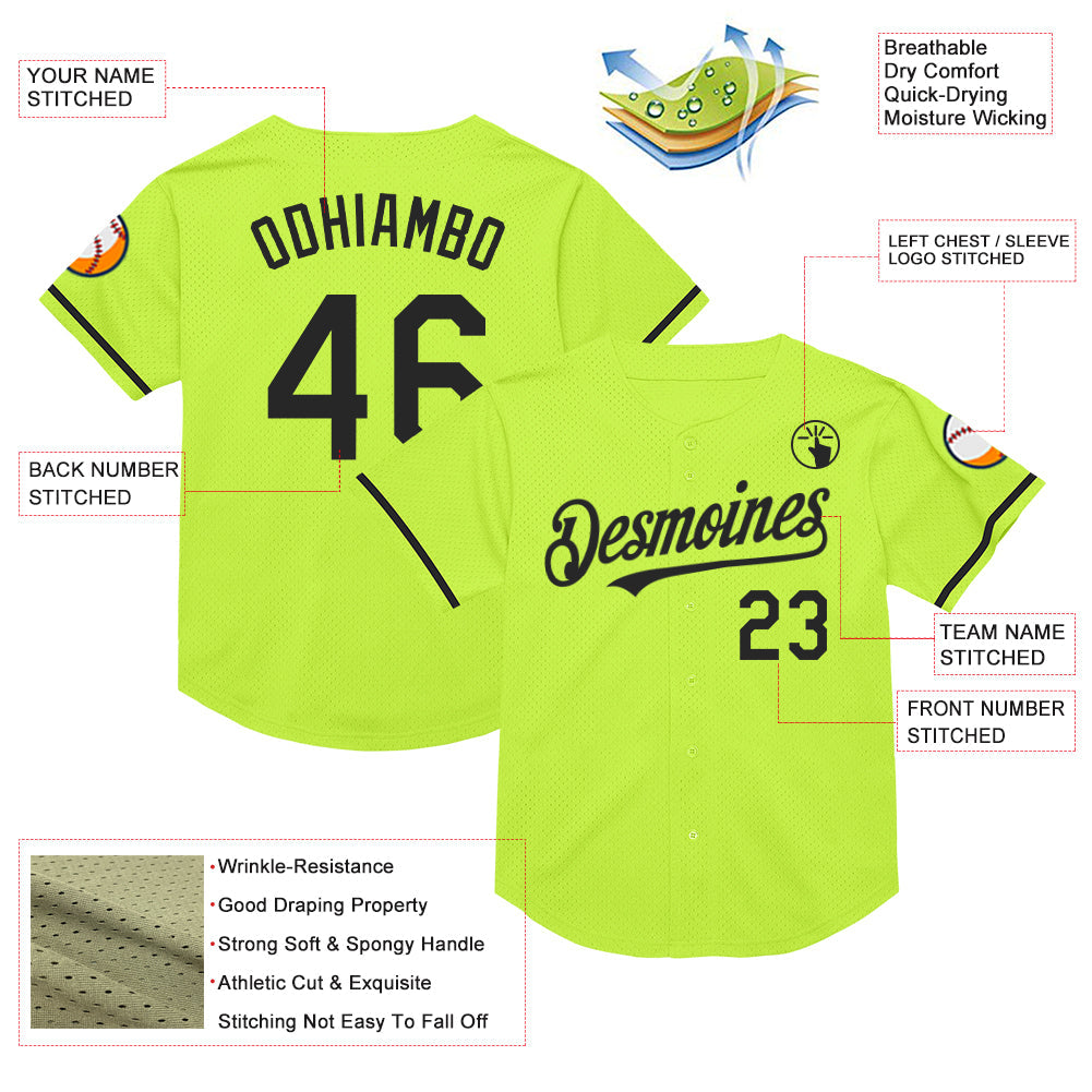 Custom Neon Green Black Mesh Authentic Throwback Baseball Jersey - Sky-Custom