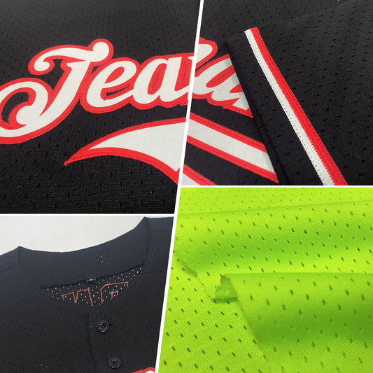 Custom Neon Green Crimson-Black Mesh Authentic Throwback Baseball Jersey - Sky-Custom