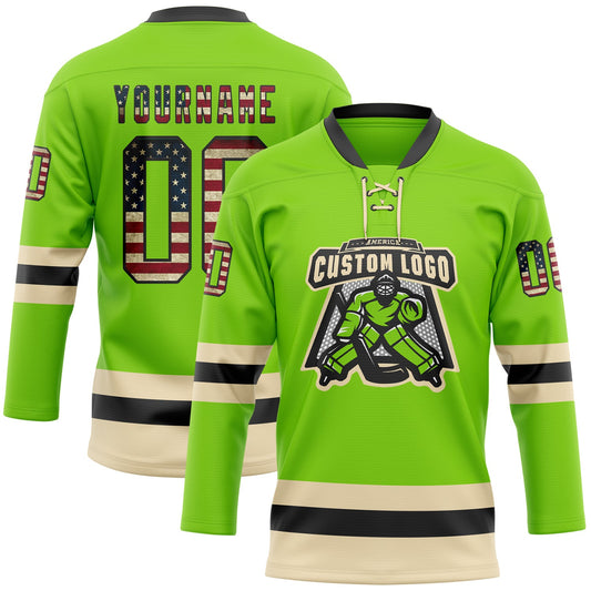 Custom Neon Green Vintage USA Flag Black-Cream Hockey Lace Neck Jersey - Sky-Custom
