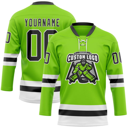 Custom Neon Green Black-White Hockey Lace Neck Jersey - Sky-Custom