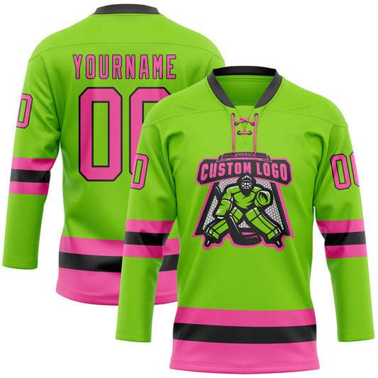 Custom Neon Green Pink-Black Hockey Lace Neck Jersey - Sky-Custom