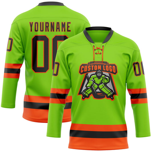 Custom Neon Green Black-Orange Hockey Lace Neck Jersey - Sky-Custom