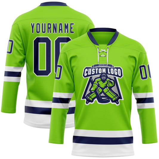 Custom Neon Green Navy-White Hockey Lace Neck Jersey - Sky-Custom
