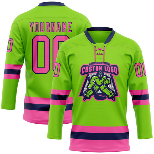 Custom Neon Green Pink-Navy Hockey Lace Neck Jersey - Sky-Custom