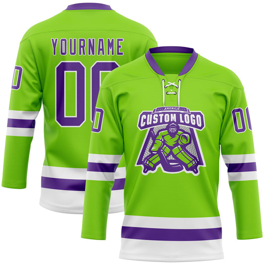 Custom Neon Green Purple-White Hockey Lace Neck Jersey - Sky-Custom