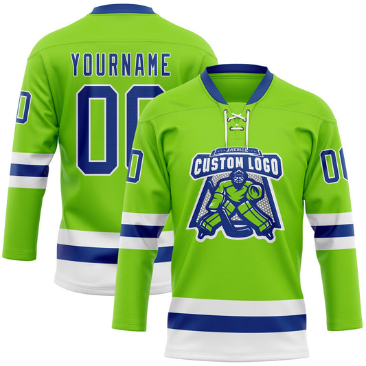 Custom Neon Green Royal-White Hockey Lace Neck Jersey - Sky-Custom