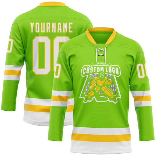 Custom Neon Green White-Yellow Hockey Lace Neck Jersey - Sky-Custom
