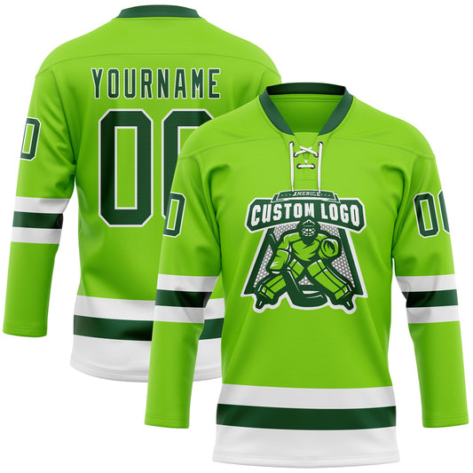 Custom Neon Green Green-White Hockey Lace Neck Jersey - Sky-Custom