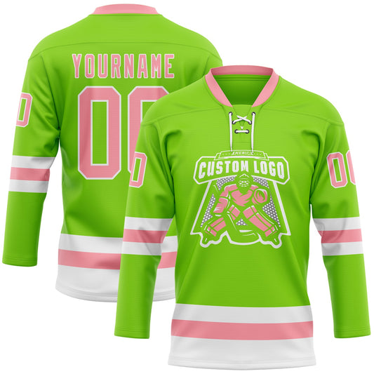 Custom Neon Green Medium Pink-White Hockey Lace Neck Jersey - Sky-Custom