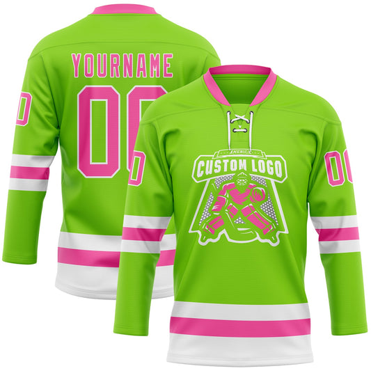 Custom Neon Green Pink-White Hockey Lace Neck Jersey - Sky-Custom