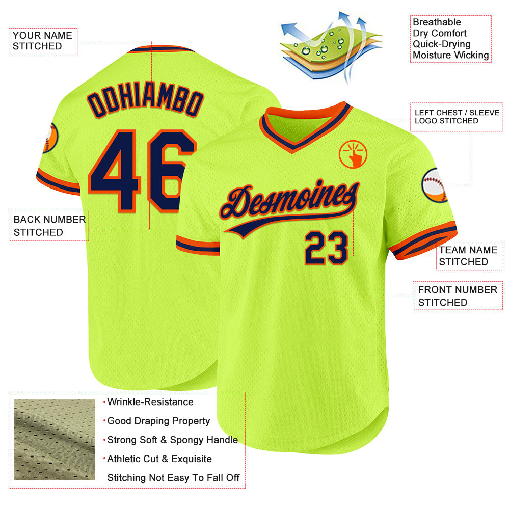 Custom Neon Green Navy-Orange Authentic Throwback Baseball Jersey - Sky-Custom