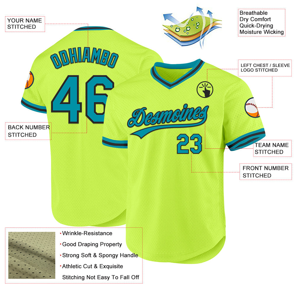 Custom Neon Green Teal-Black Authentic Throwback Baseball Jersey - Sky-Custom