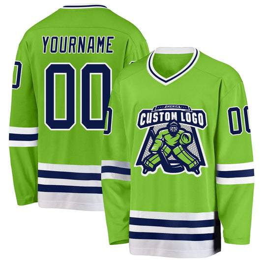 Custom Neon Green Navy-White Hockey Jersey - Sky-Custom