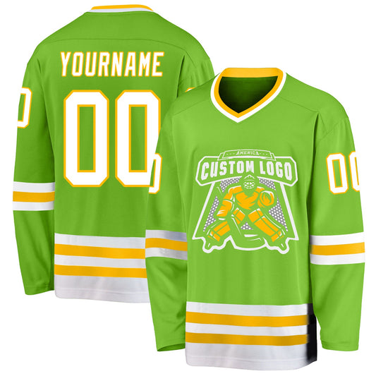 Custom Neon Green White-Gold Hockey Jersey - Sky-Custom