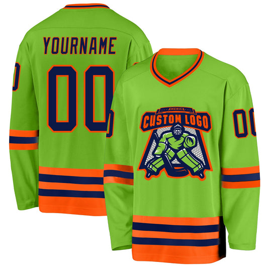 Custom Neon Green Navy-Orange Hockey Jersey - Sky-Custom