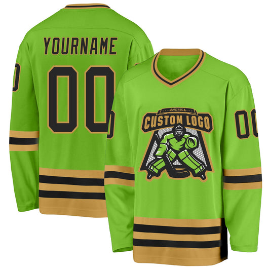 Custom Neon Green Black-Old Gold Hockey Jersey - Sky-Custom