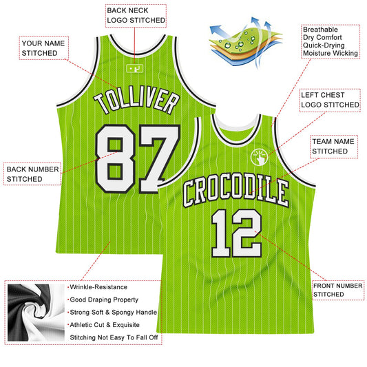 Custom Neon Green White Pinstripe Black Authentic Basketball Jersey - Sky-Custom
