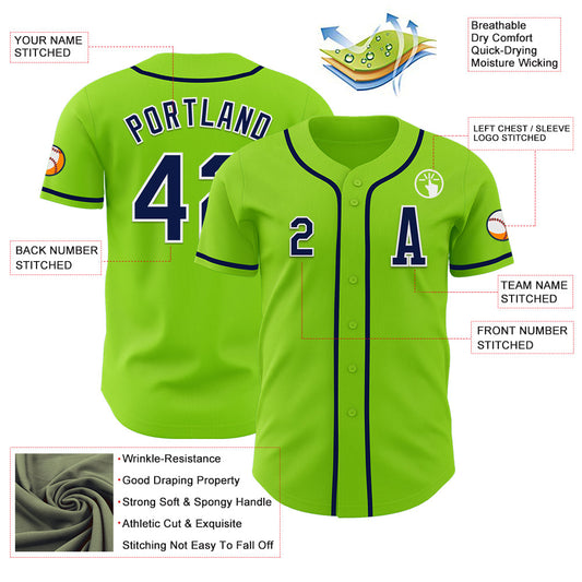 Custom Neon Green Navy-White Authentic Baseball Jersey - Sky-Custom