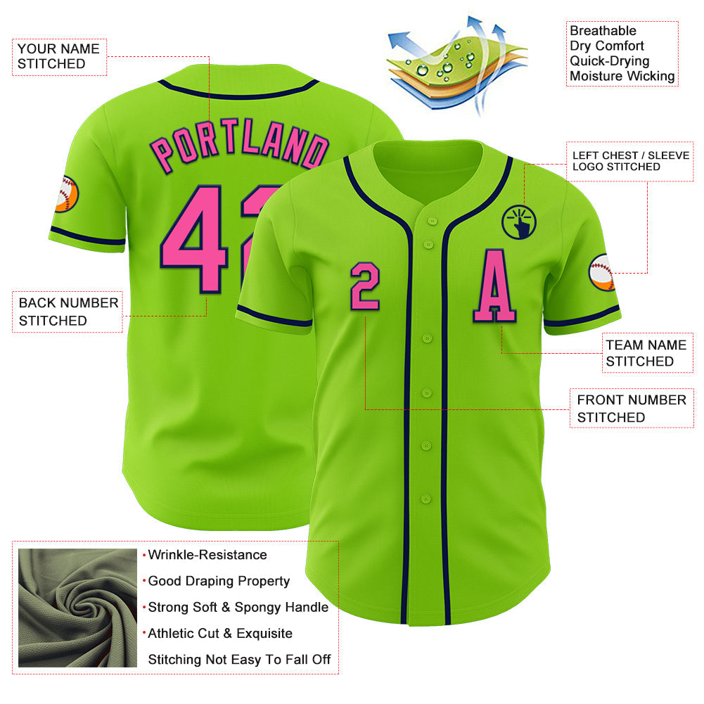 Custom Neon Green Pink-Navy Authentic Baseball Jersey - Sky-Custom