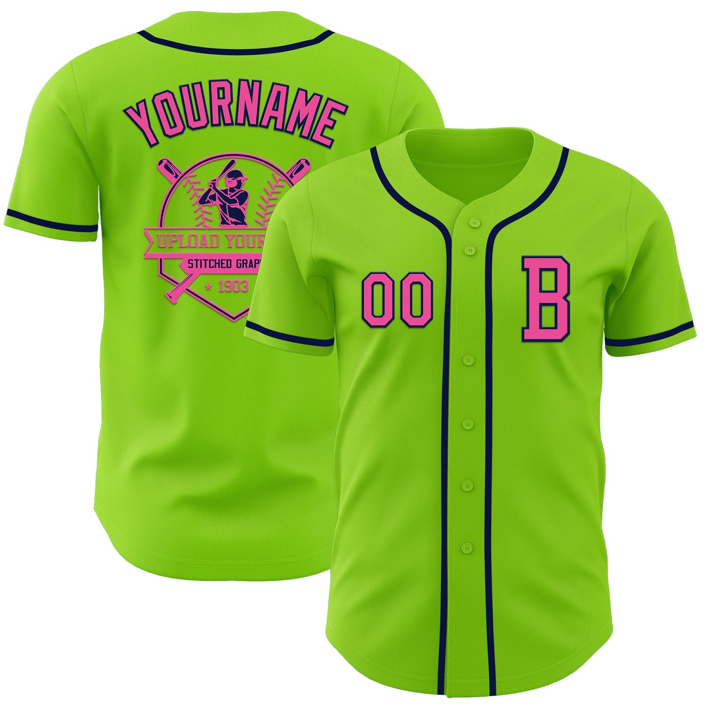 Custom Neon Green Pink-Navy Authentic Baseball Jersey - Sky-Custom
