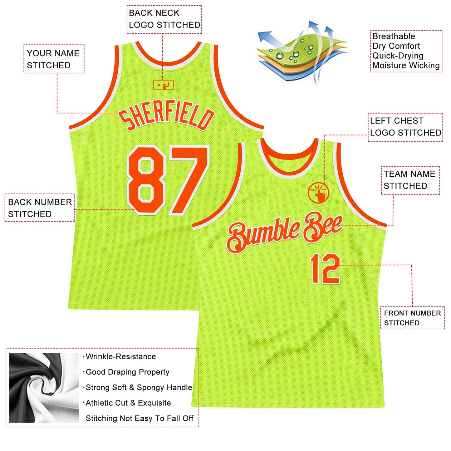 Custom Neon Green Orange-White Authentic Throwback Basketball Jersey - Sky-Custom