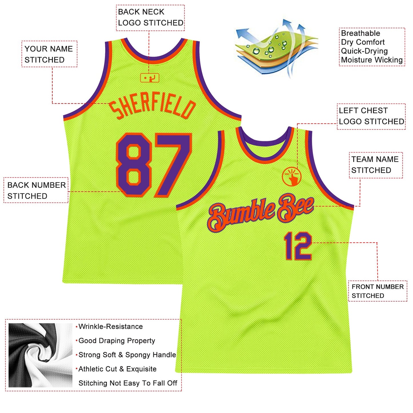 Custom Neon Green Purple-Orange Authentic Throwback Basketball Jersey - Sky-Custom