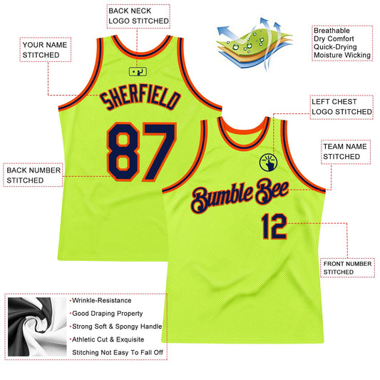 Custom Neon Green Navy-Orange Authentic Throwback Basketball Jersey - Sky-Custom
