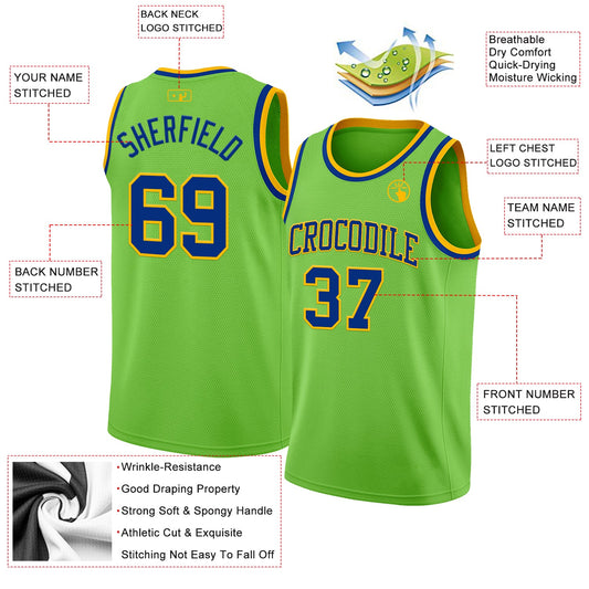 Custom Neon Green Royal-Gold Authentic Basketball Jersey - Sky-Custom