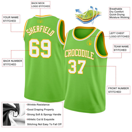 Custom Neon Green White-Gold Authentic Basketball Jersey - Sky-Custom