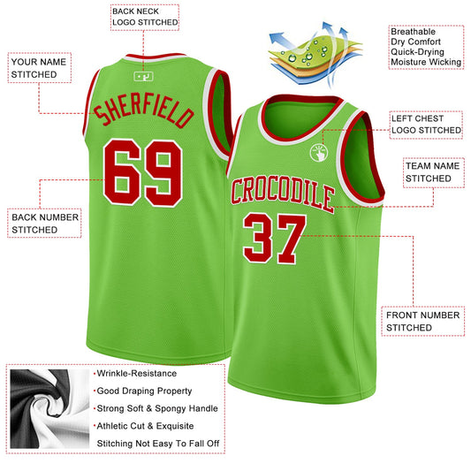 Custom Neon Green Red-White Authentic Basketball Jersey - Sky-Custom