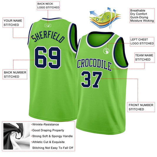 Custom Neon Green Navy-White Authentic Basketball Jersey - Sky-Custom