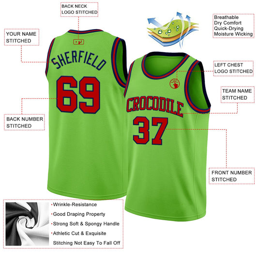 Custom Neon Green Red-Navy Authentic Basketball Jersey - Sky-Custom