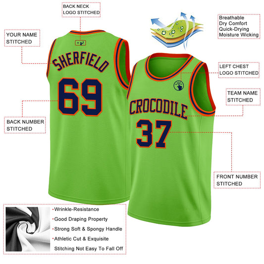 Custom Neon Green Navy-Orange Authentic Basketball Jersey - Sky-Custom