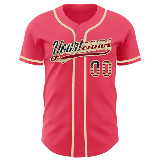 Custom Neon Pink Vintage USA Flag-Cream Authentic Baseball Jersey - Sky-Custom