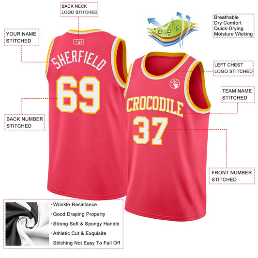 Custom Neon Pink White-Gold Authentic Basketball Jersey - Sky-Custom